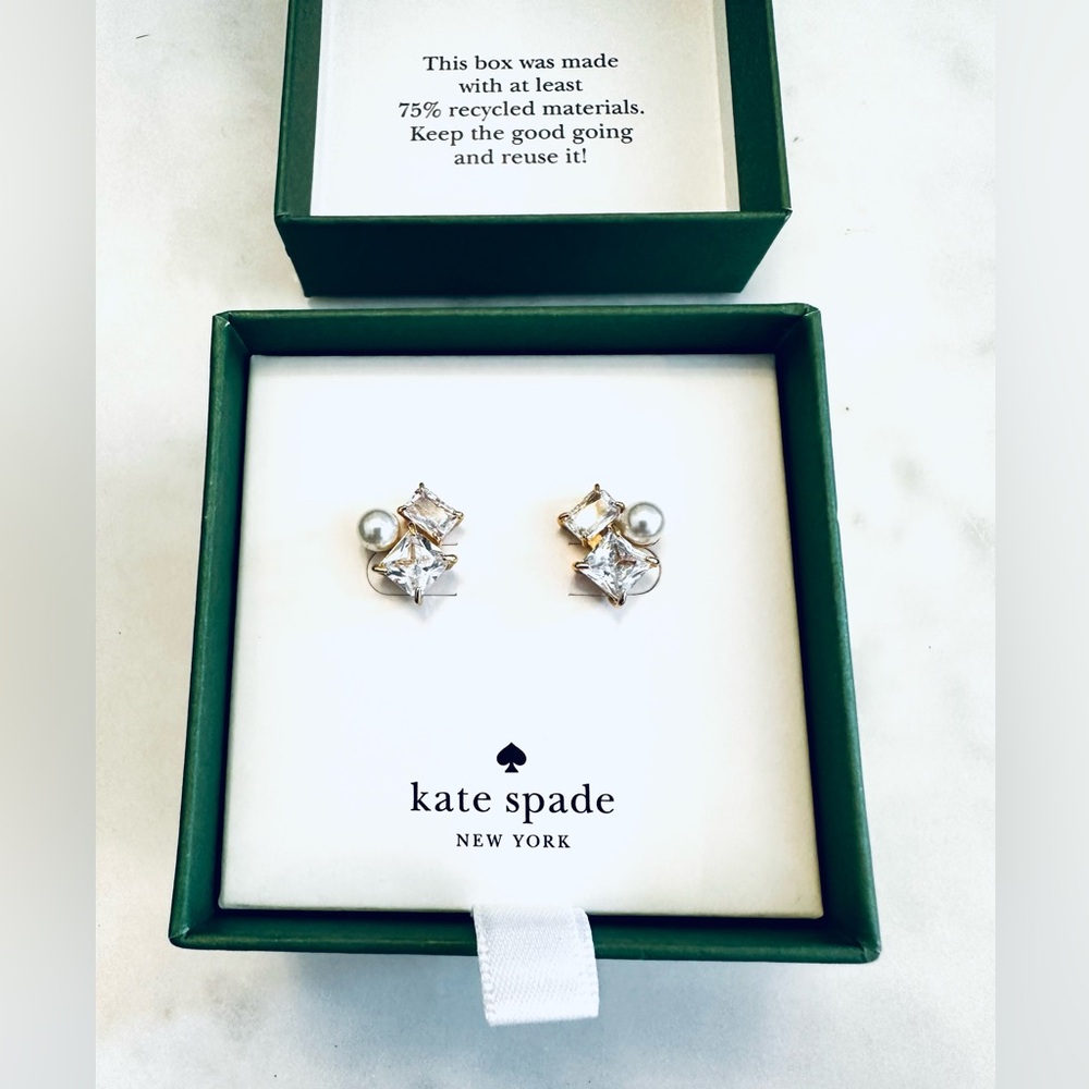 Kate Spade Pearl and Crystal Stud set in Gold Earrings NEW